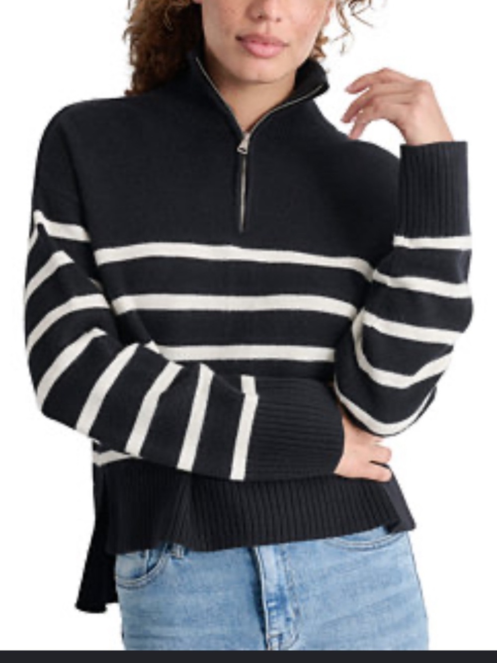 Dkny Black & White Striped Half-Zip Turtleneck Sweater